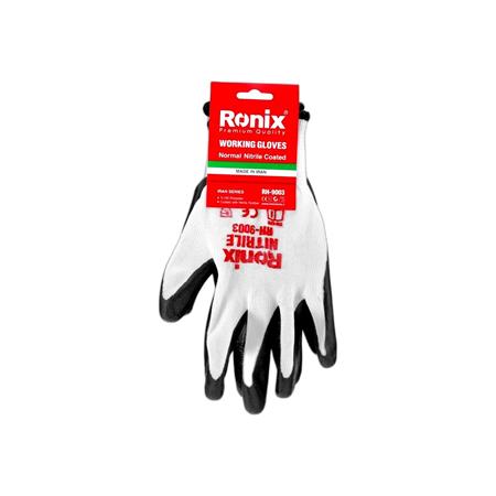 دستکش ایمنی نیتریل کف مواد مشکی ساده نخ سفید به همراه تگ رونیکس RH-9003